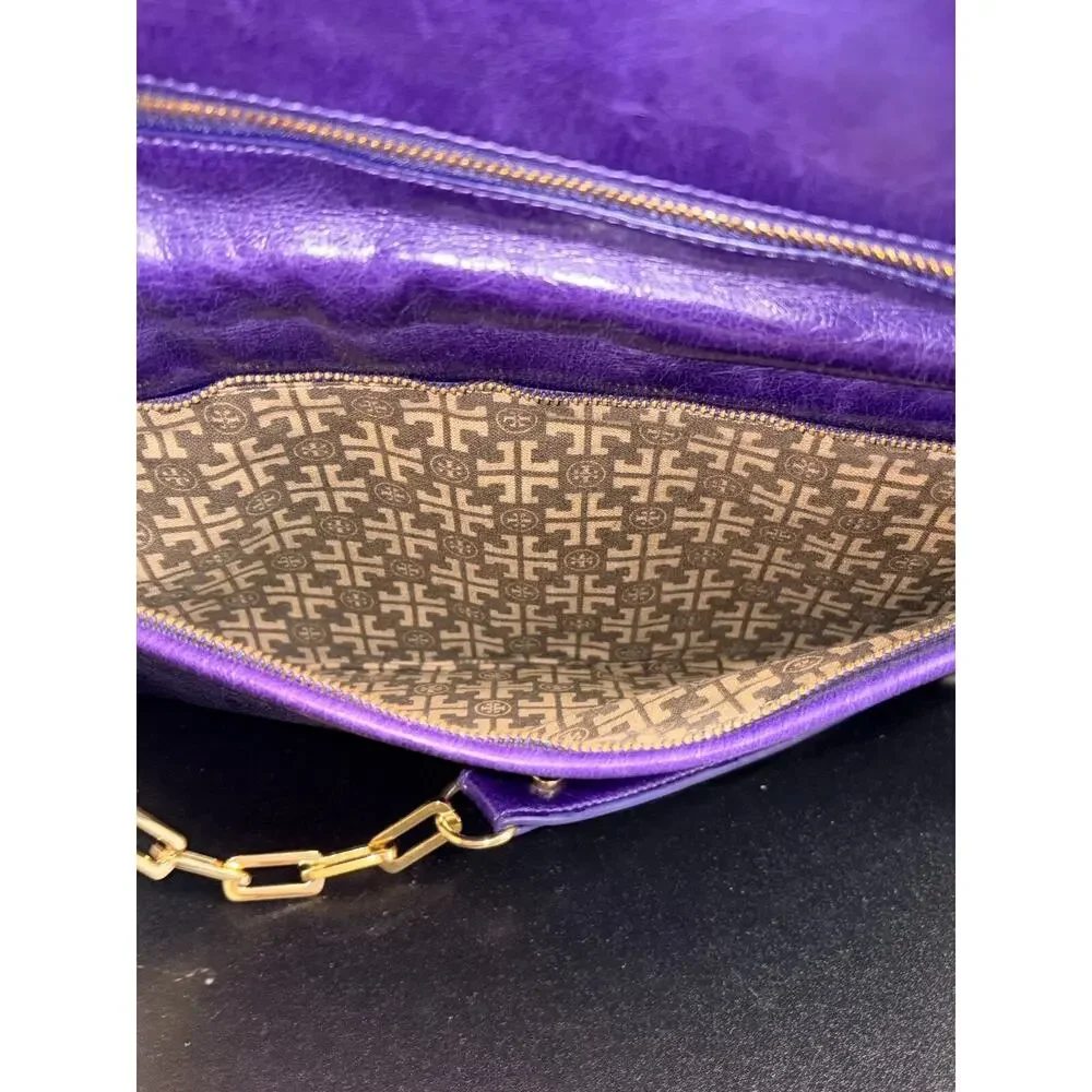 Tory Burch Bombe Reva Purple Leather Clutch Crossbody Bag Gold Chain Strap Logo